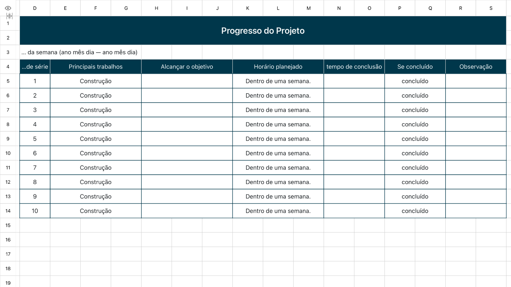 Tabela de Progresso do Projeto 1
